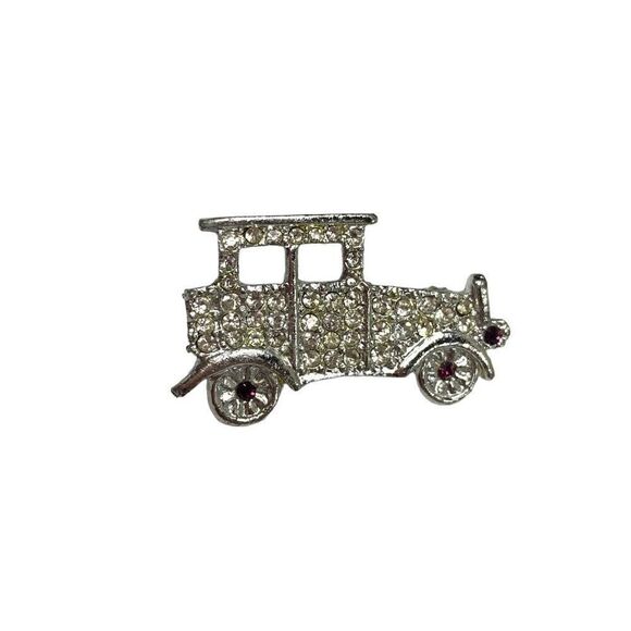 Vintage 1980's 1-1/2" Silver Tone Rhinestone Encrusted Vintage Car Brooch - Picture 3 of 5